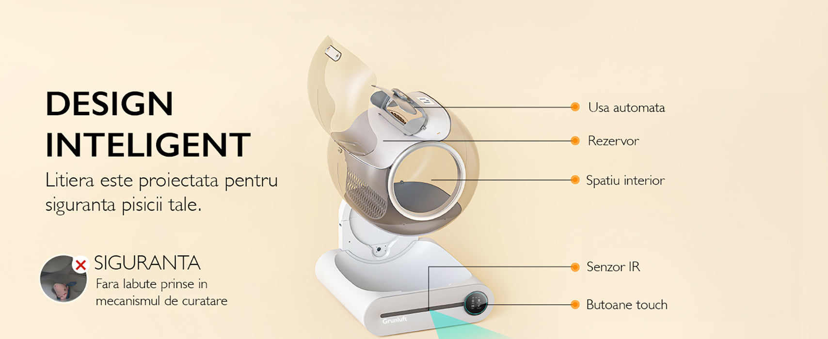 Litiera Automata Smart Pisici Grunluft PurrfectLitter, alb Litiera Automata Smart Pisici Grunluft PurrfectLitter, alb